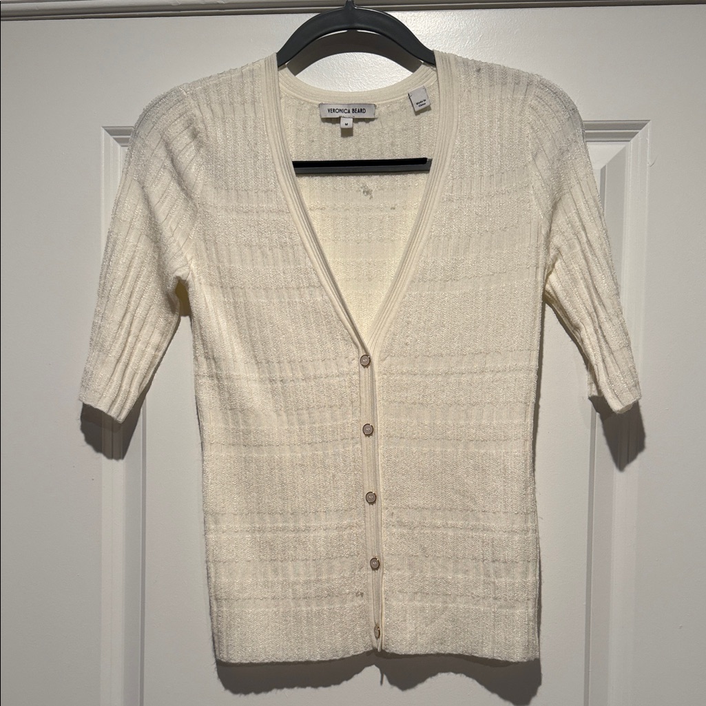 Veronica Beard Cream Knit Short-Sleeve Cardigan